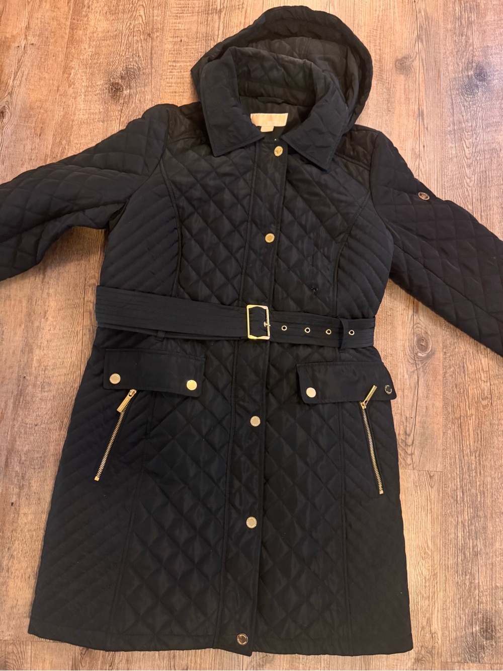 Michael Kors Black Quilted Belted Hooded Coat